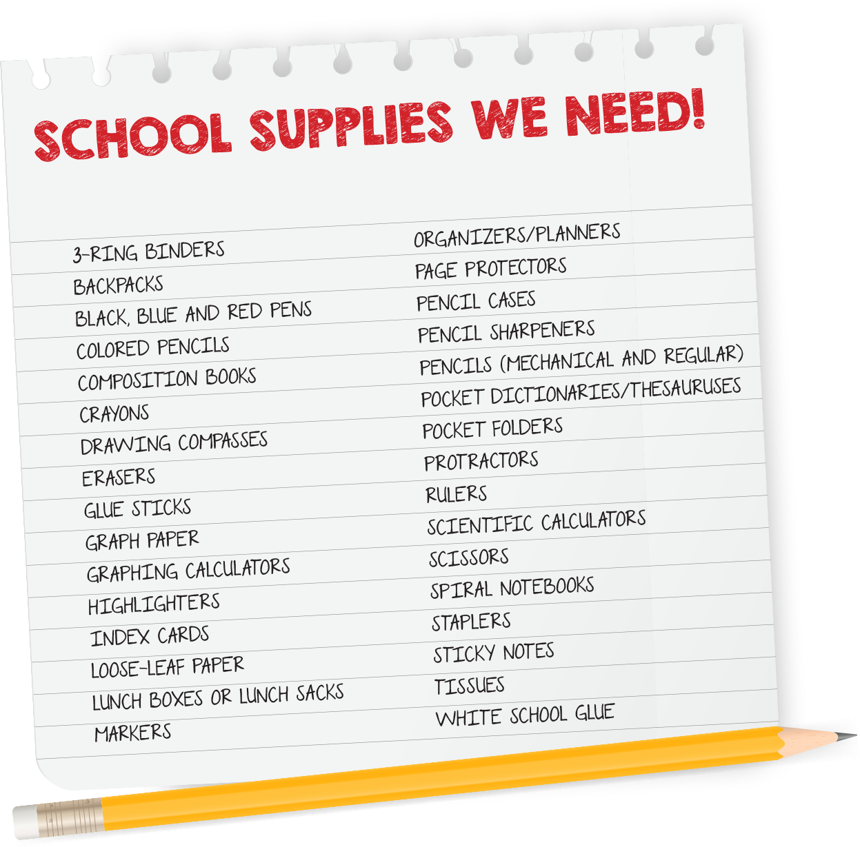 list of supplies needed for Li and Liao Optometry's school supply campaign