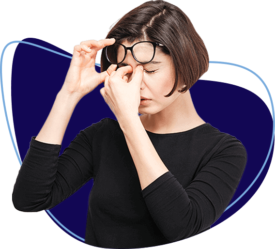 Woman raising her eyeglasses while pinching the bridge of her nose